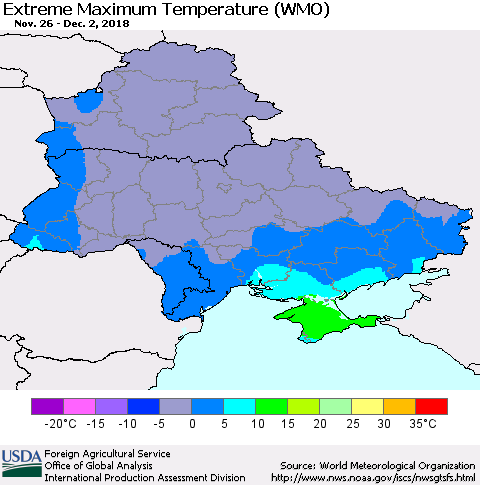 Ukraine, Moldova and Belarus Maximum Daily Temperature (WMO) Thematic Map For 11/26/2018 - 12/2/2018