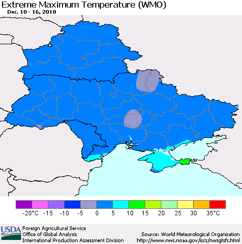 Ukraine, Moldova and Belarus Extreme Maximum Temperature (WMO) Thematic Map For 12/10/2018 - 12/16/2018
