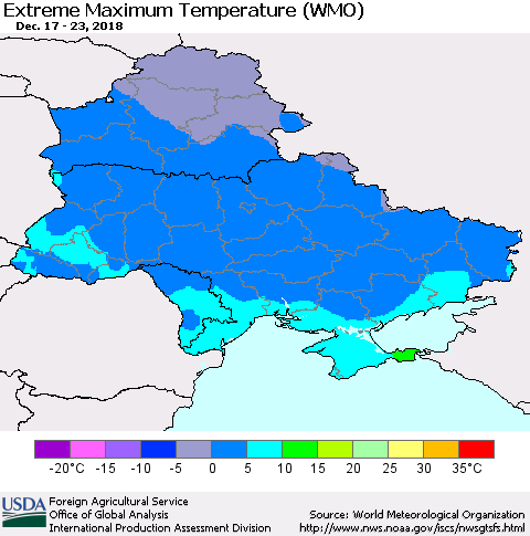 Ukraine, Moldova and Belarus Extreme Maximum Temperature (WMO) Thematic Map For 12/17/2018 - 12/23/2018