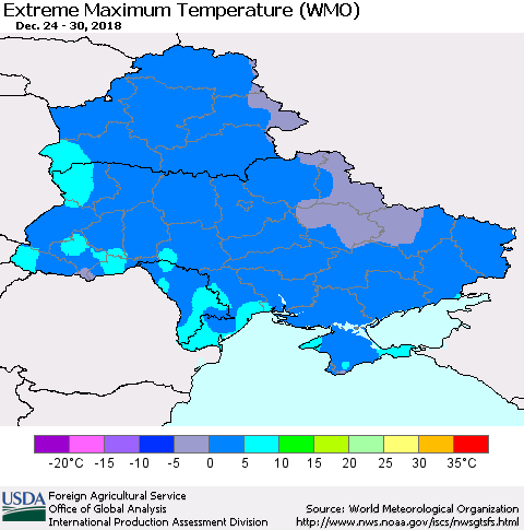 Ukraine, Moldova and Belarus Extreme Maximum Temperature (WMO) Thematic Map For 12/24/2018 - 12/30/2018