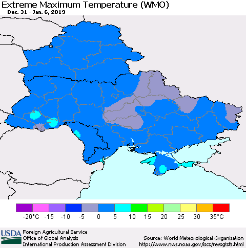 Ukraine, Moldova and Belarus Extreme Maximum Temperature (WMO) Thematic Map For 12/31/2018 - 1/6/2019