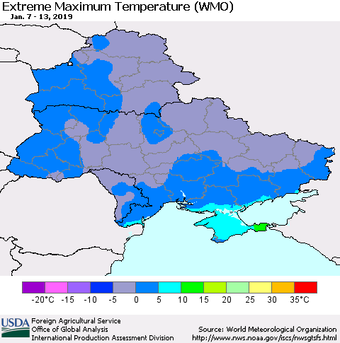 Ukraine, Moldova and Belarus Extreme Maximum Temperature (WMO) Thematic Map For 1/7/2019 - 1/13/2019