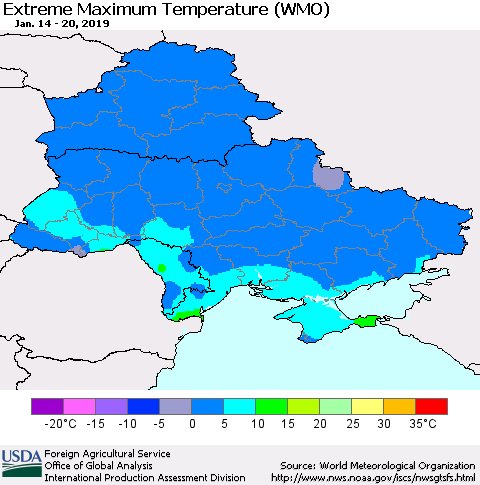 Ukraine, Moldova and Belarus Extreme Maximum Temperature (WMO) Thematic Map For 1/14/2019 - 1/20/2019