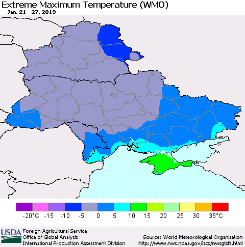 Ukraine, Moldova and Belarus Extreme Maximum Temperature (WMO) Thematic Map For 1/21/2019 - 1/27/2019