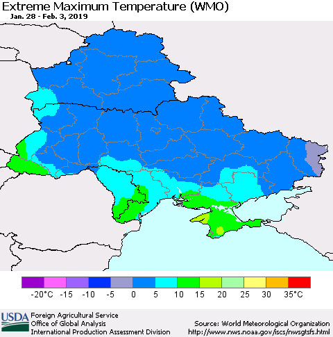 Ukraine, Moldova and Belarus Maximum Daily Temperature (WMO) Thematic Map For 1/28/2019 - 2/3/2019