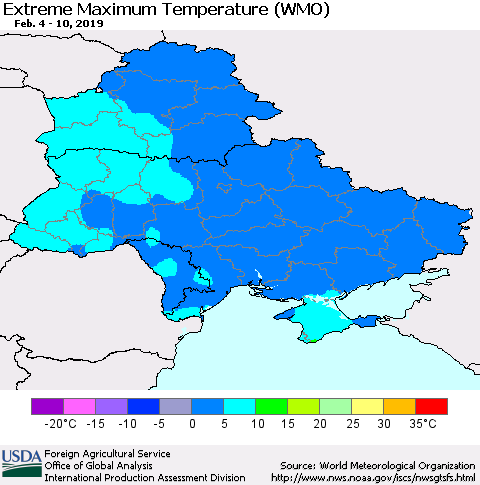 Ukraine, Moldova and Belarus Maximum Daily Temperature (WMO) Thematic Map For 2/4/2019 - 2/10/2019