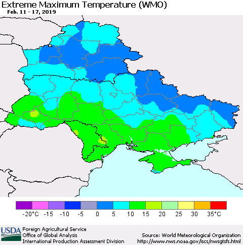 Ukraine, Moldova and Belarus Extreme Maximum Temperature (WMO) Thematic Map For 2/11/2019 - 2/17/2019