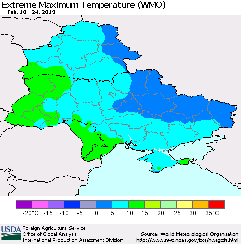 Ukraine, Moldova and Belarus Extreme Maximum Temperature (WMO) Thematic Map For 2/18/2019 - 2/24/2019