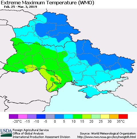 Ukraine, Moldova and Belarus Maximum Daily Temperature (WMO) Thematic Map For 2/25/2019 - 3/3/2019