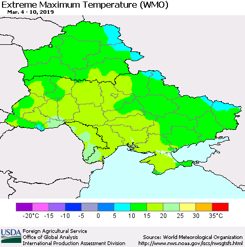 Ukraine, Moldova and Belarus Extreme Maximum Temperature (WMO) Thematic Map For 3/4/2019 - 3/10/2019