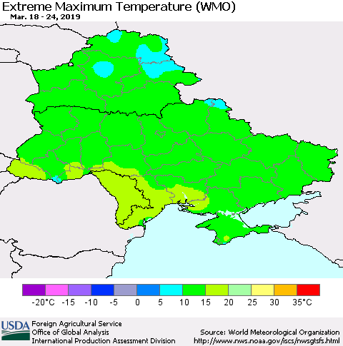 Ukraine, Moldova and Belarus Extreme Maximum Temperature (WMO) Thematic Map For 3/18/2019 - 3/24/2019