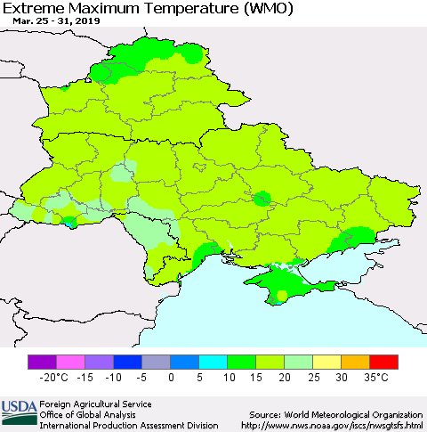 Ukraine, Moldova and Belarus Extreme Maximum Temperature (WMO) Thematic Map For 3/25/2019 - 3/31/2019