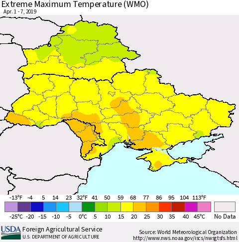 Ukraine, Moldova and Belarus Extreme Maximum Temperature (WMO) Thematic Map For 4/1/2019 - 4/7/2019