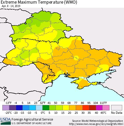 Ukraine, Moldova and Belarus Extreme Maximum Temperature (WMO) Thematic Map For 4/8/2019 - 4/14/2019