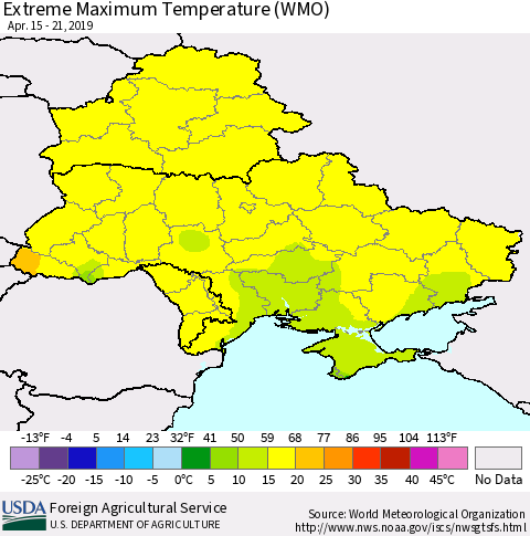 Ukraine, Moldova and Belarus Extreme Maximum Temperature (WMO) Thematic Map For 4/15/2019 - 4/21/2019