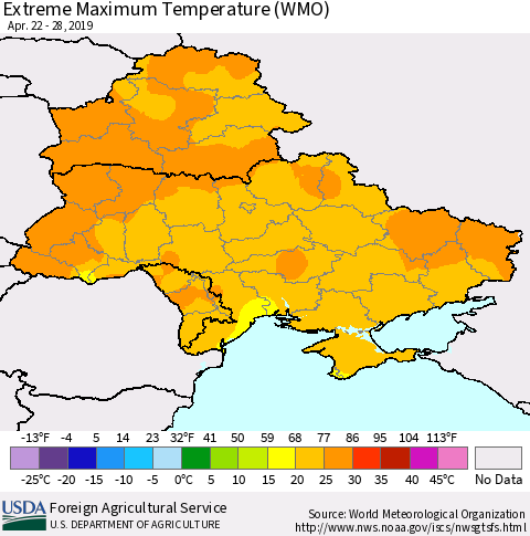 Ukraine, Moldova and Belarus Extreme Maximum Temperature (WMO) Thematic Map For 4/22/2019 - 4/28/2019
