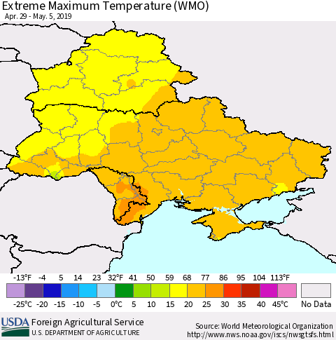 Ukraine, Moldova and Belarus Extreme Maximum Temperature (WMO) Thematic Map For 4/29/2019 - 5/5/2019