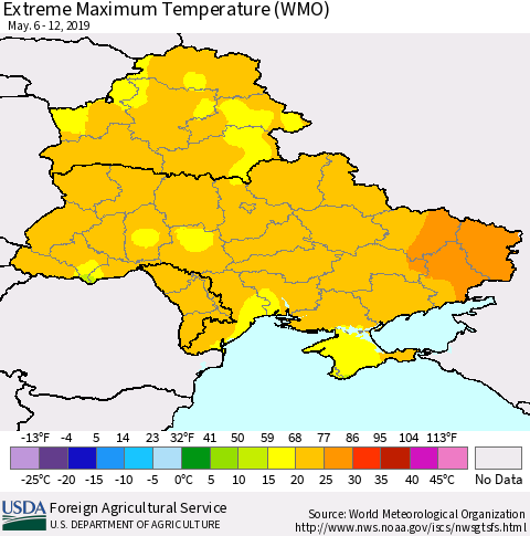 Ukraine, Moldova and Belarus Maximum Daily Temperature (WMO) Thematic Map For 5/6/2019 - 5/12/2019