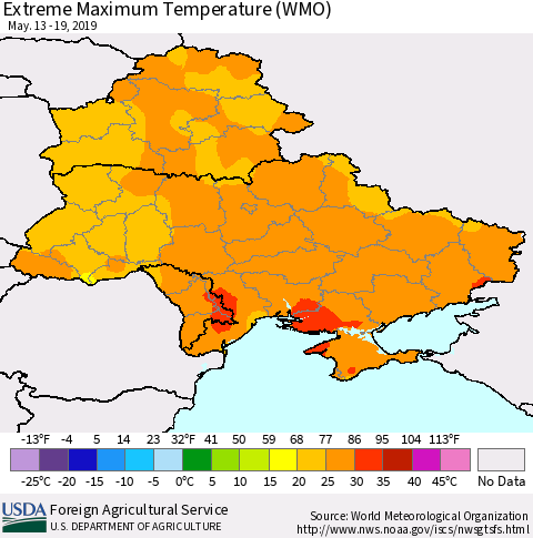Ukraine, Moldova and Belarus Extreme Maximum Temperature (WMO) Thematic Map For 5/13/2019 - 5/19/2019