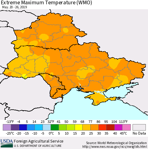 Ukraine, Moldova and Belarus Maximum Daily Temperature (WMO) Thematic Map For 5/20/2019 - 5/26/2019