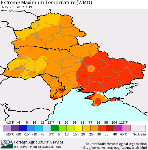 Ukraine, Moldova and Belarus Maximum Daily Temperature (WMO) Thematic Map For 5/27/2019 - 6/2/2019