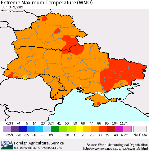 Ukraine, Moldova and Belarus Extreme Maximum Temperature (WMO) Thematic Map For 6/3/2019 - 6/9/2019