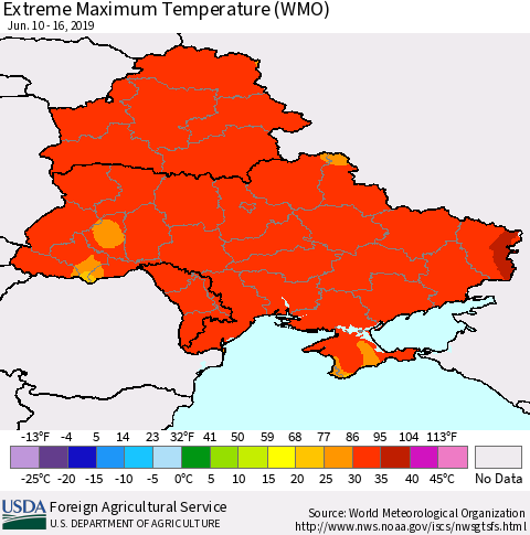 Ukraine, Moldova and Belarus Extreme Maximum Temperature (WMO) Thematic Map For 6/10/2019 - 6/16/2019