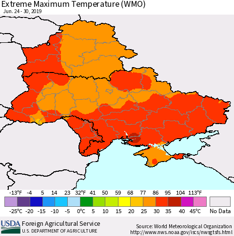 Ukraine, Moldova and Belarus Maximum Daily Temperature (WMO) Thematic Map For 6/24/2019 - 6/30/2019
