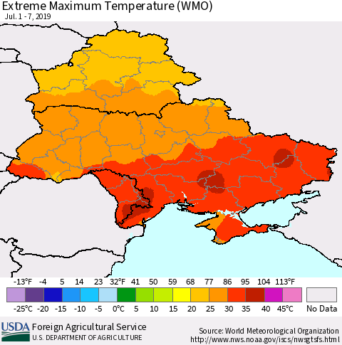 Ukraine, Moldova and Belarus Extreme Maximum Temperature (WMO) Thematic Map For 7/1/2019 - 7/7/2019
