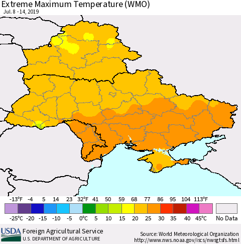 Ukraine, Moldova and Belarus Extreme Maximum Temperature (WMO) Thematic Map For 7/8/2019 - 7/14/2019