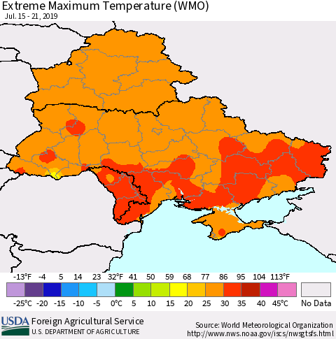 Ukraine, Moldova and Belarus Maximum Daily Temperature (WMO) Thematic Map For 7/15/2019 - 7/21/2019