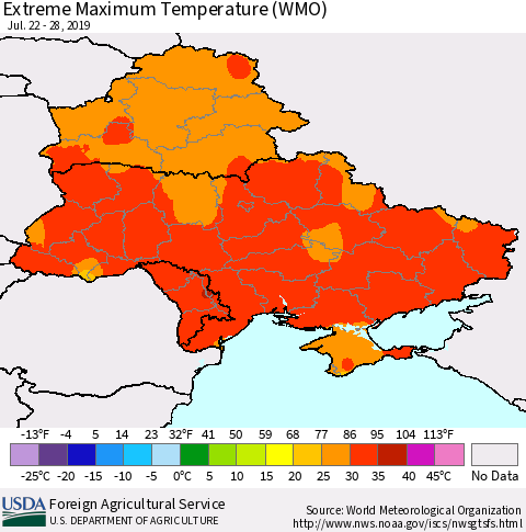 Ukraine, Moldova and Belarus Maximum Daily Temperature (WMO) Thematic Map For 7/22/2019 - 7/28/2019