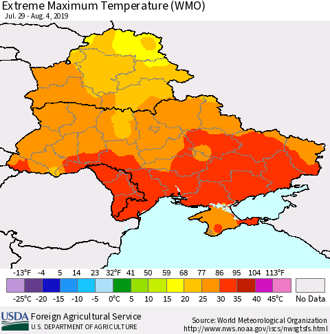 Ukraine, Moldova and Belarus Maximum Daily Temperature (WMO) Thematic Map For 7/29/2019 - 8/4/2019
