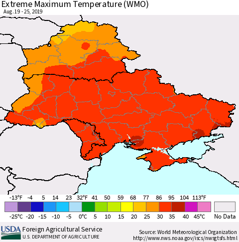 Ukraine, Moldova and Belarus Maximum Daily Temperature (WMO) Thematic Map For 8/19/2019 - 8/25/2019