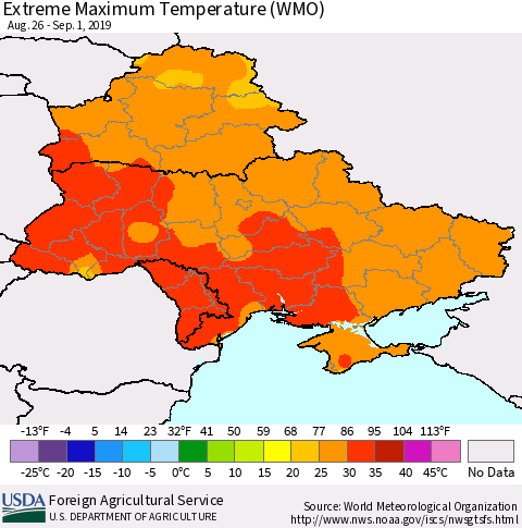 Ukraine, Moldova and Belarus Extreme Maximum Temperature (WMO) Thematic Map For 8/26/2019 - 9/1/2019