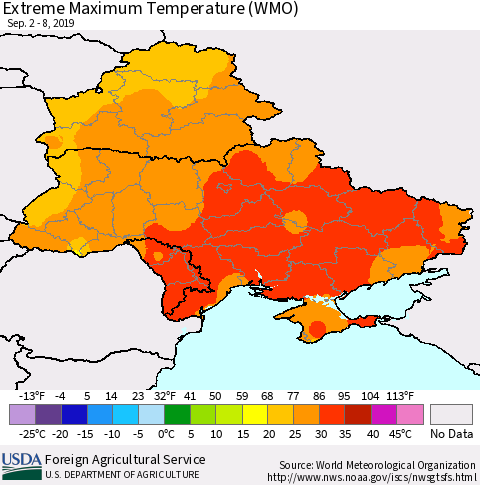 Ukraine, Moldova and Belarus Maximum Daily Temperature (WMO) Thematic Map For 9/2/2019 - 9/8/2019