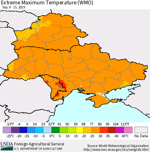 Ukraine, Moldova and Belarus Maximum Daily Temperature (WMO) Thematic Map For 9/9/2019 - 9/15/2019