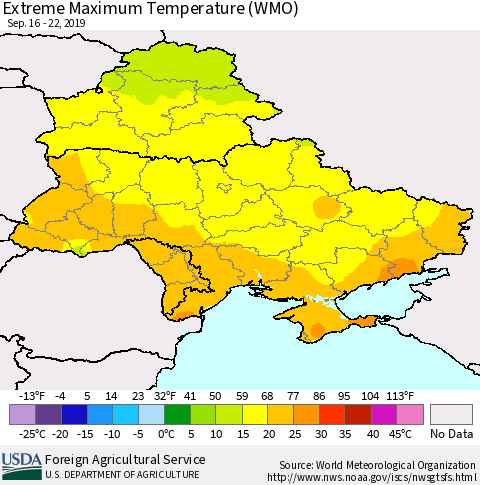 Ukraine, Moldova and Belarus Maximum Daily Temperature (WMO) Thematic Map For 9/16/2019 - 9/22/2019