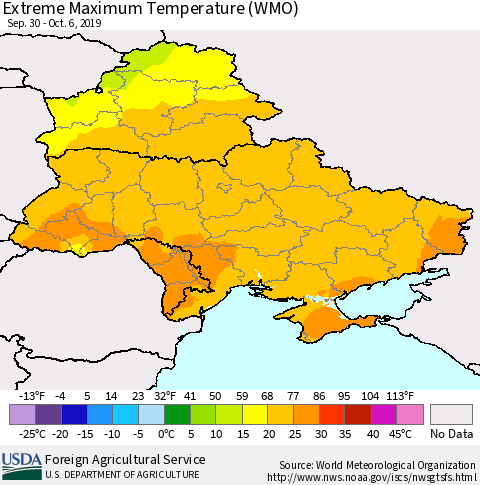 Ukraine, Moldova and Belarus Maximum Daily Temperature (WMO) Thematic Map For 9/30/2019 - 10/6/2019