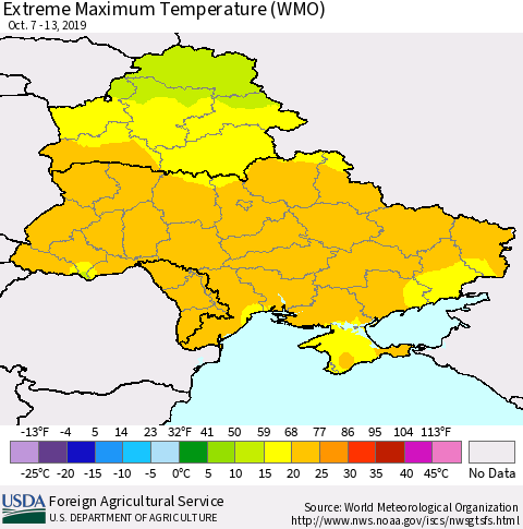 Ukraine, Moldova and Belarus Maximum Daily Temperature (WMO) Thematic Map For 10/7/2019 - 10/13/2019