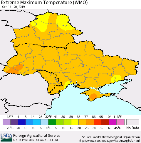 Ukraine, Moldova and Belarus Maximum Daily Temperature (WMO) Thematic Map For 10/14/2019 - 10/20/2019