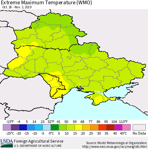 Ukraine, Moldova and Belarus Maximum Daily Temperature (WMO) Thematic Map For 10/28/2019 - 11/3/2019