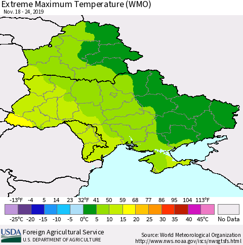 Ukraine, Moldova and Belarus Maximum Daily Temperature (WMO) Thematic Map For 11/18/2019 - 11/24/2019