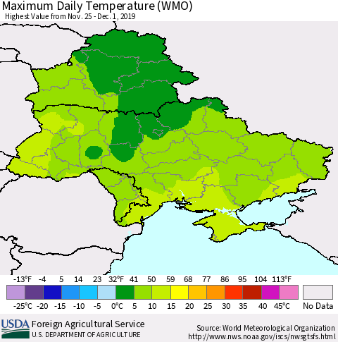 Ukraine, Moldova and Belarus Maximum Daily Temperature (WMO) Thematic Map For 11/25/2019 - 12/1/2019