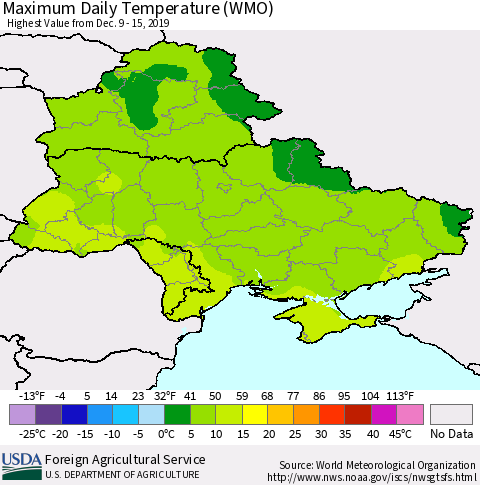 Ukraine, Moldova and Belarus Maximum Daily Temperature (WMO) Thematic Map For 12/9/2019 - 12/15/2019