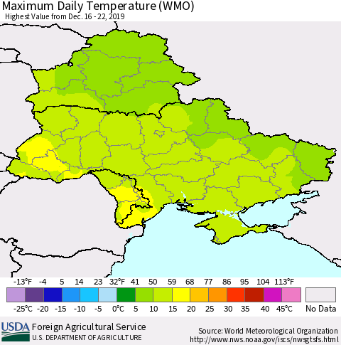 Ukraine, Moldova and Belarus Maximum Daily Temperature (WMO) Thematic Map For 12/16/2019 - 12/22/2019
