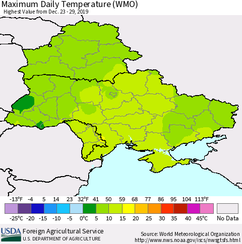 Ukraine, Moldova and Belarus Maximum Daily Temperature (WMO) Thematic Map For 12/23/2019 - 12/29/2019