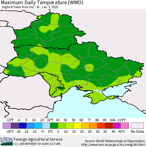 Ukraine, Moldova and Belarus Maximum Daily Temperature (WMO) Thematic Map For 12/30/2019 - 1/5/2020