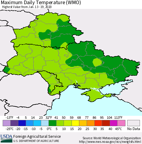 Ukraine, Moldova and Belarus Maximum Daily Temperature (WMO) Thematic Map For 1/13/2020 - 1/19/2020