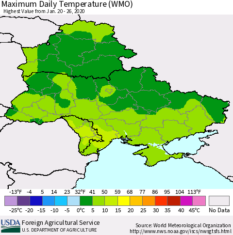 Ukraine, Moldova and Belarus Maximum Daily Temperature (WMO) Thematic Map For 1/20/2020 - 1/26/2020